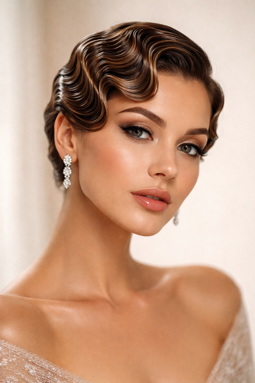Close-up of finger waves in glossy damp hair with soft lighting