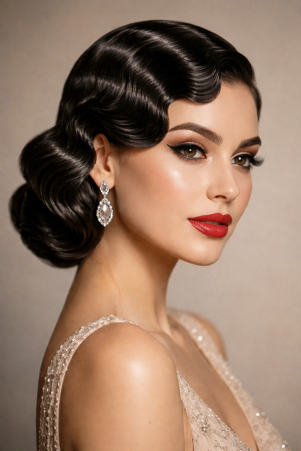 Close-up of finger waves hairstyle on model with 1920s vintage look