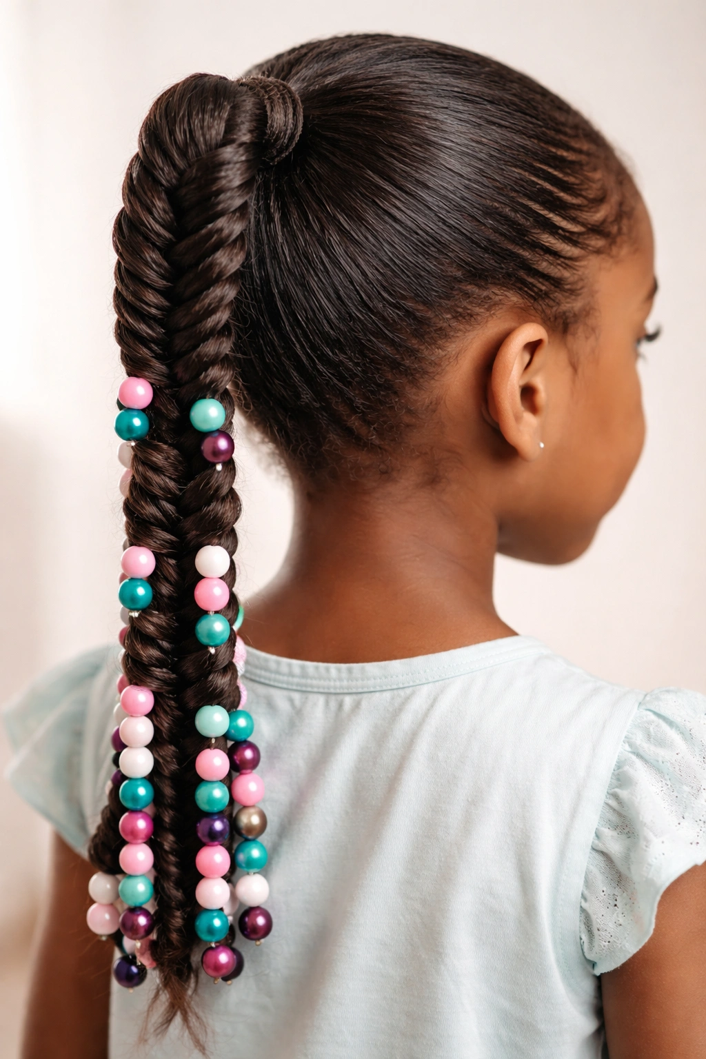 Close-up of fishtail braid ponytail with beads in alternating colors.