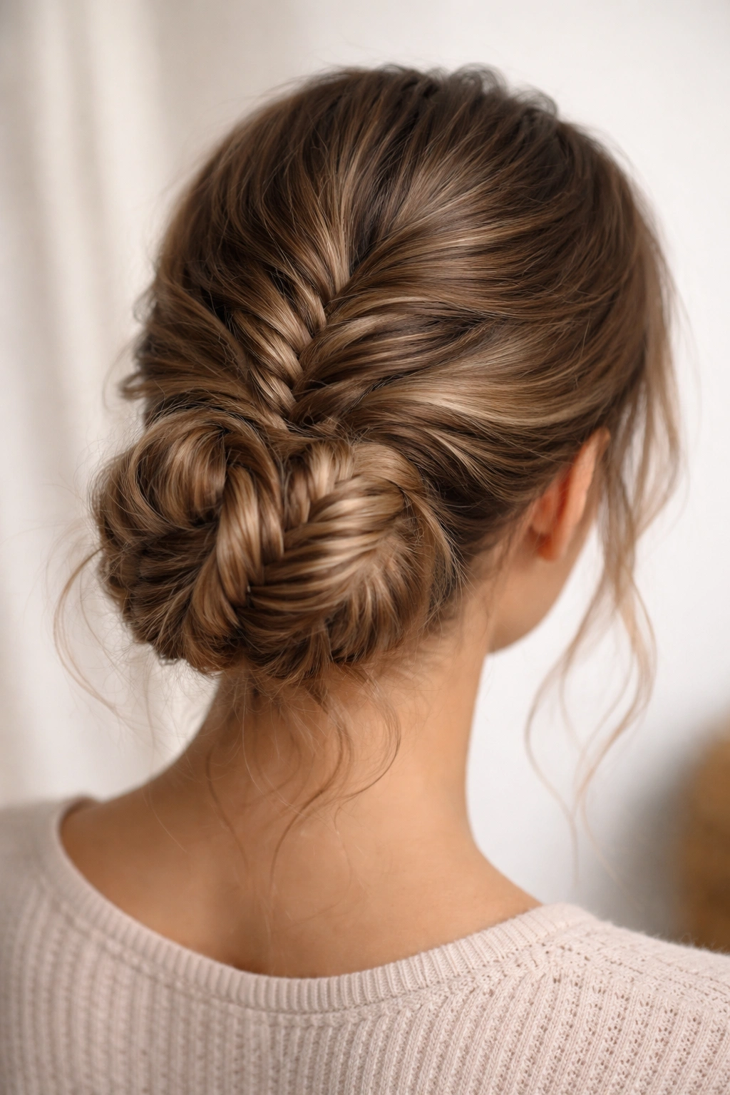 Low bun braided with a fishtail pattern creating lace-like texture