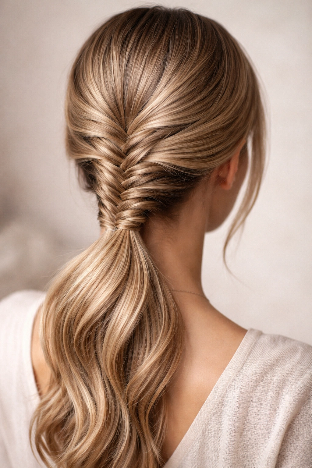 Close-up of a delicate fishtail braid weaving into a low ponytail.