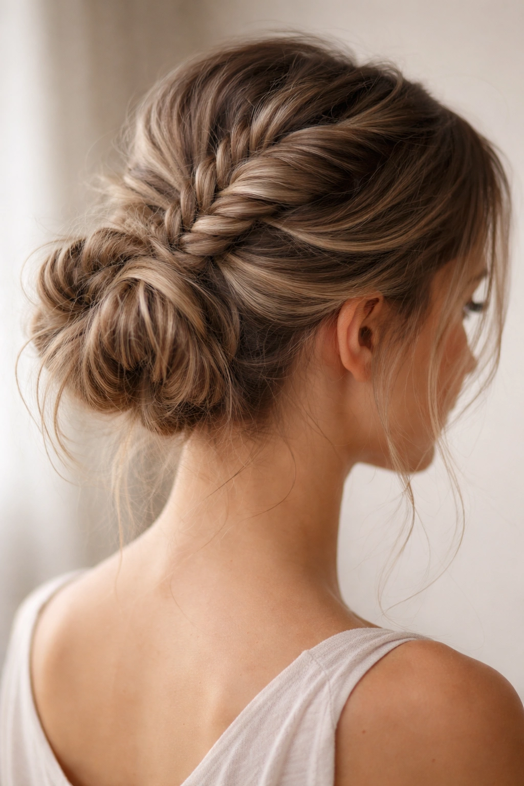 Fishtail braid trailing over a textured bun