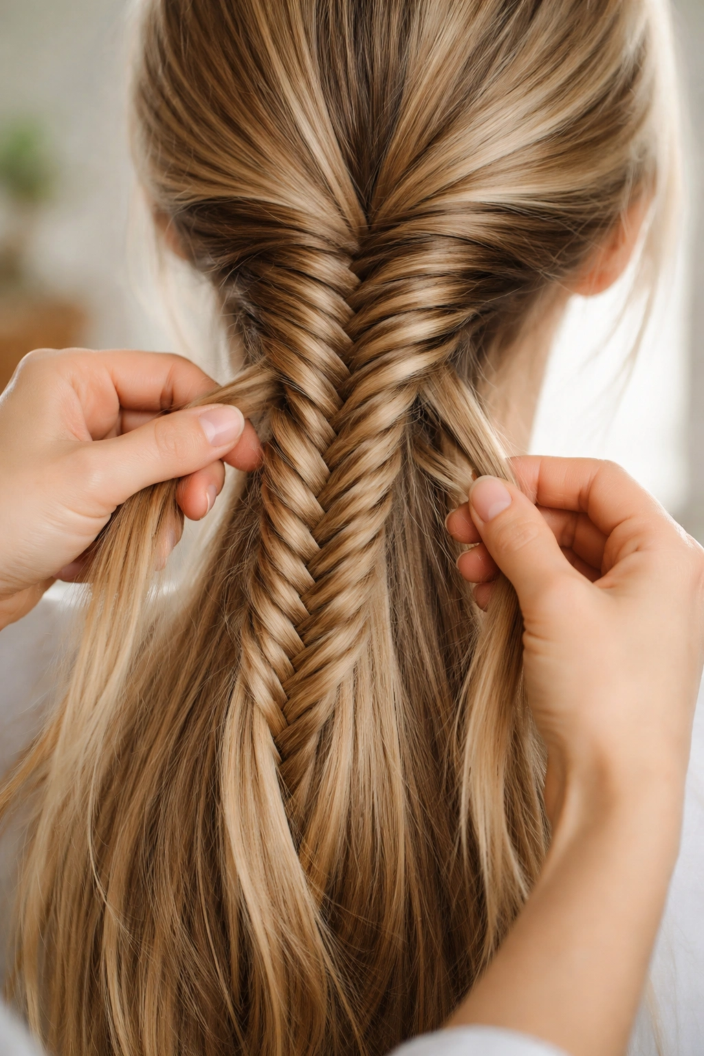 Close-up of a fishtail braid showing outer-edge sectioning and even tension on long hair