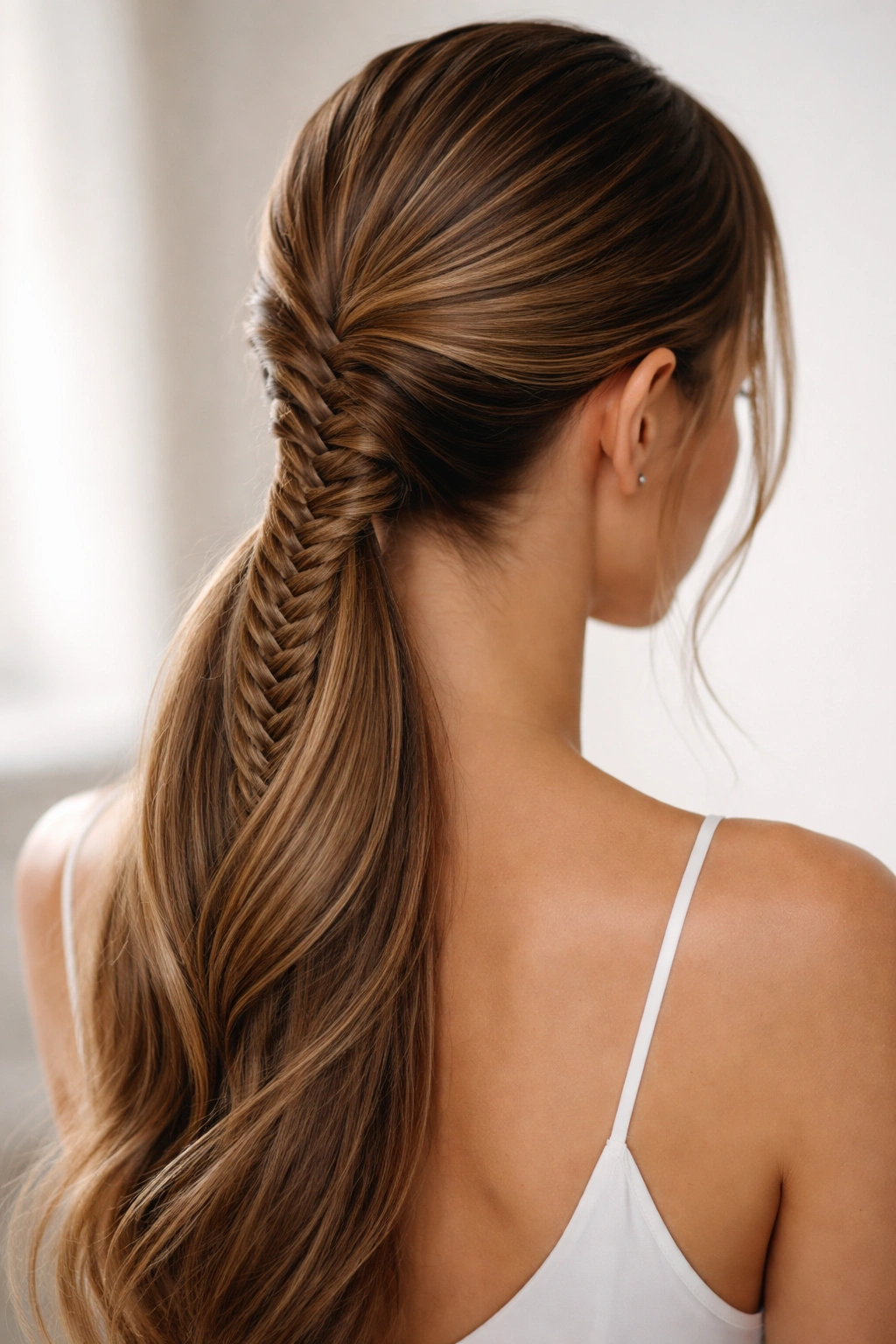 Intricate fishtail braid flowing into a low ponytail with delicate texture