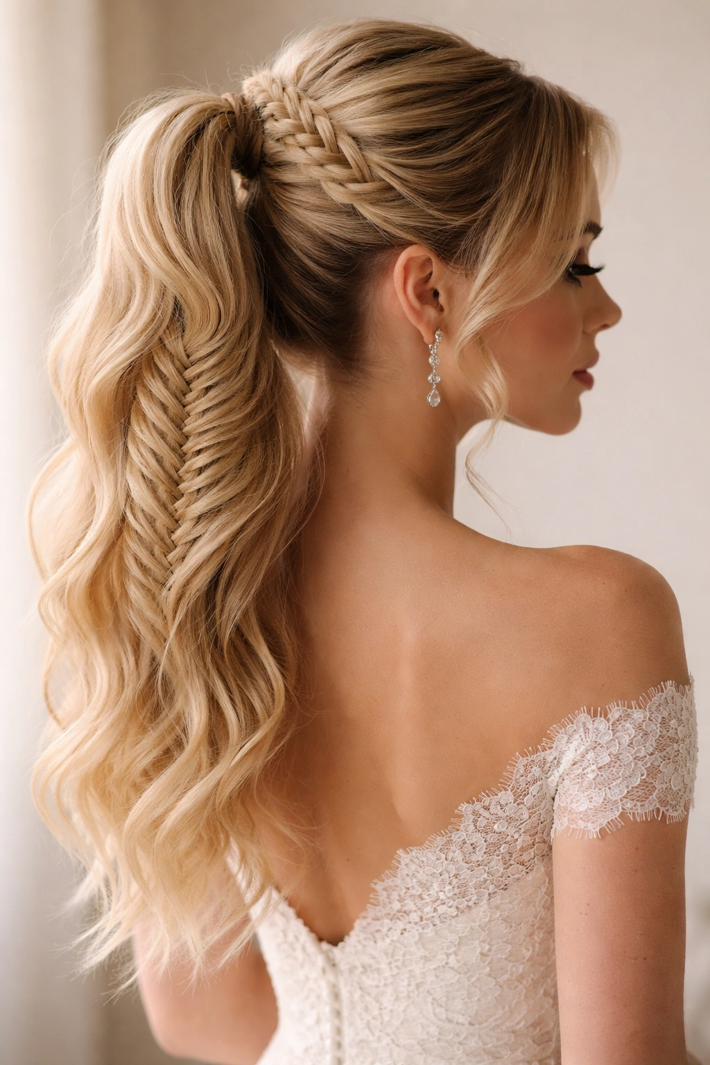 High ponytail with a woven fishtail braid around the base for a delicate texture.