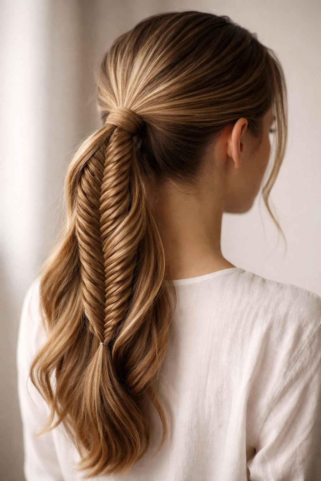 Close-up of a fishtail braided ponytail with a two-strand pattern in a low ponytail