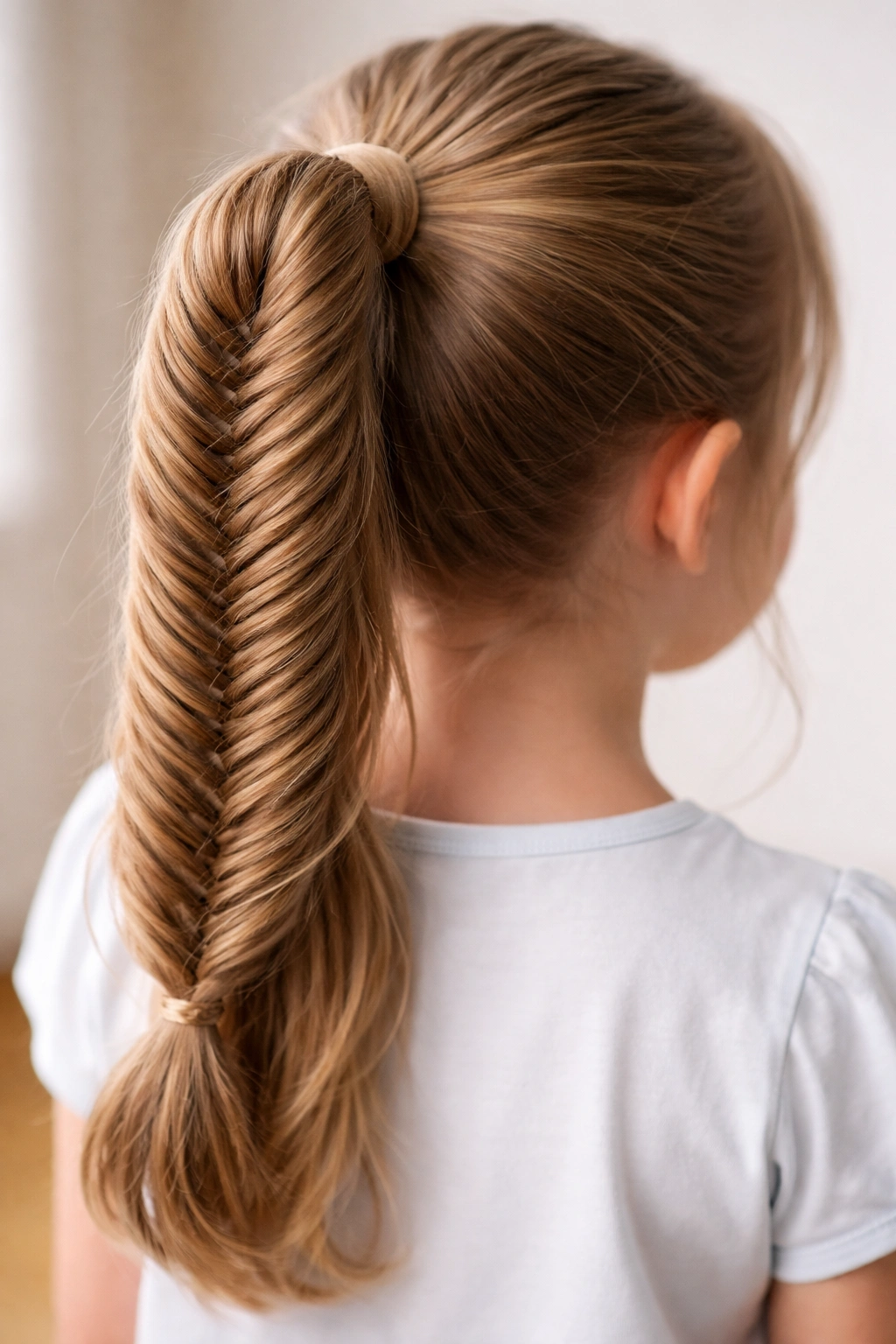 Close-up of a child's fishtail braided ponytail with woven pattern.