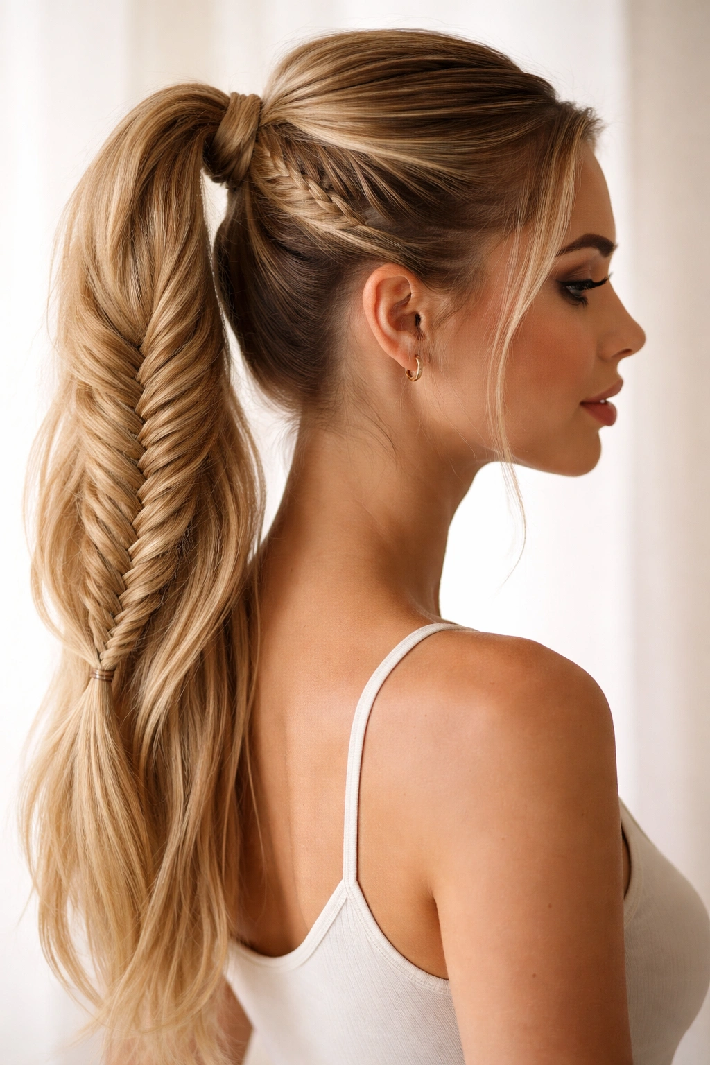 Profile view of fishtail braid into high ponytail with intricate weave