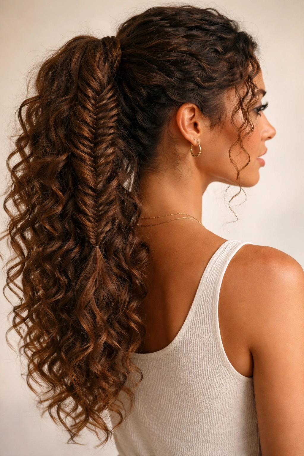 Fishtail braid ponytail on curly hair with two-section weave