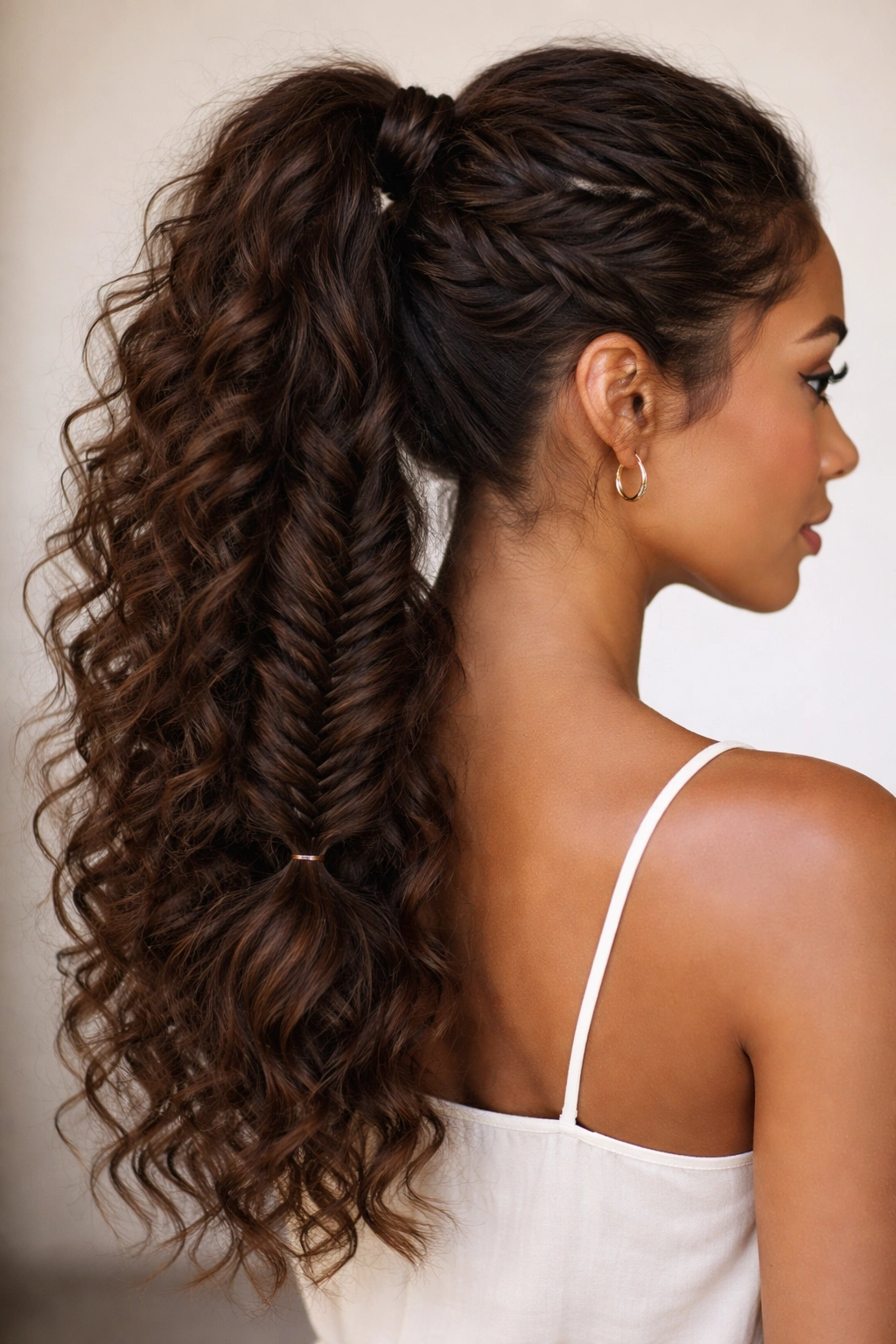 Close-up of a fishtail braid ponytail with a two-section weave