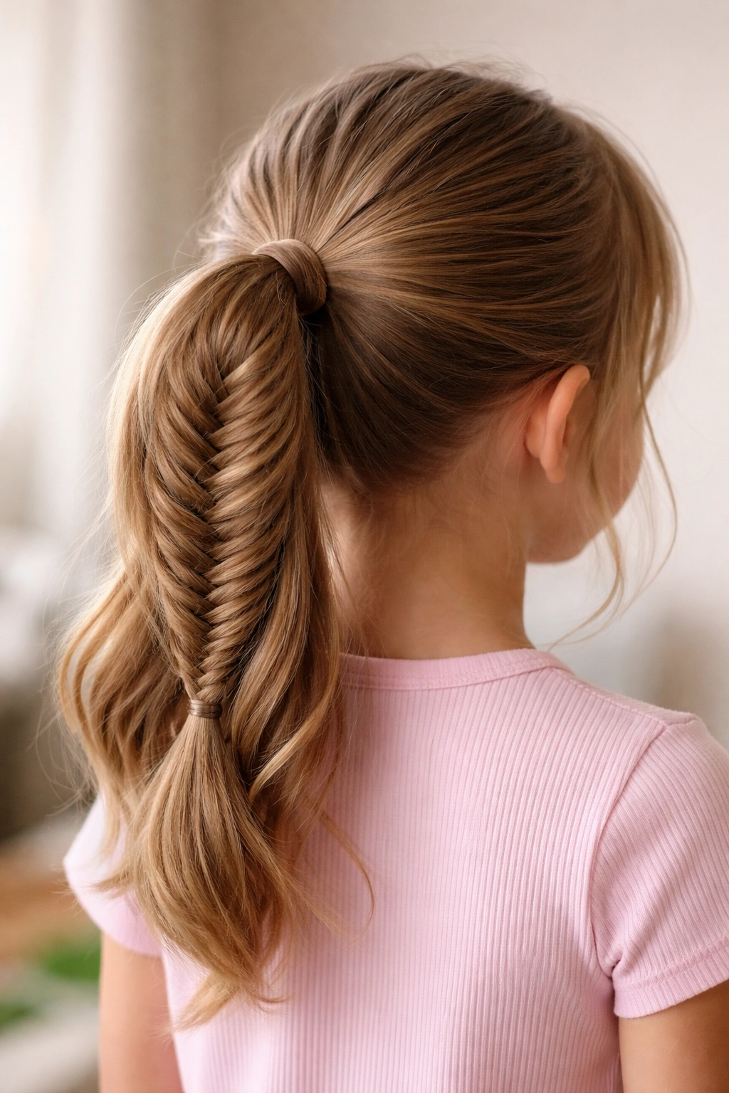 Close-up back view of a mid-height fishtail braided ponytail with a shiny finish