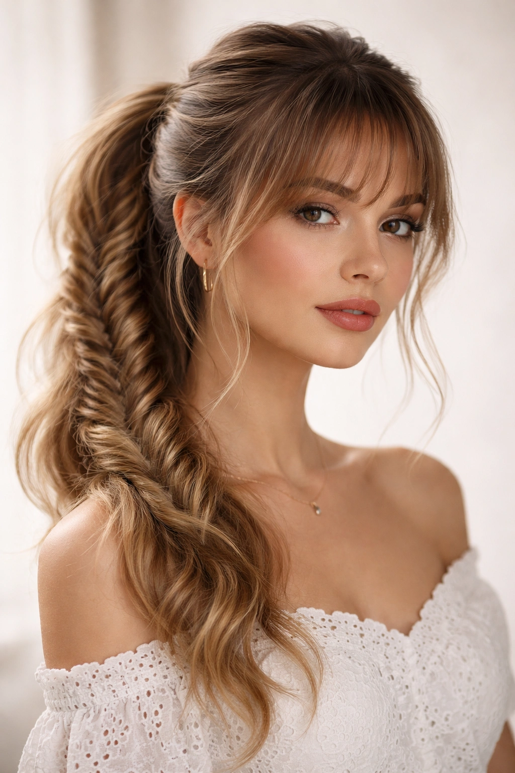 Fishtail braid flowing into a ponytail with wispy bangs.