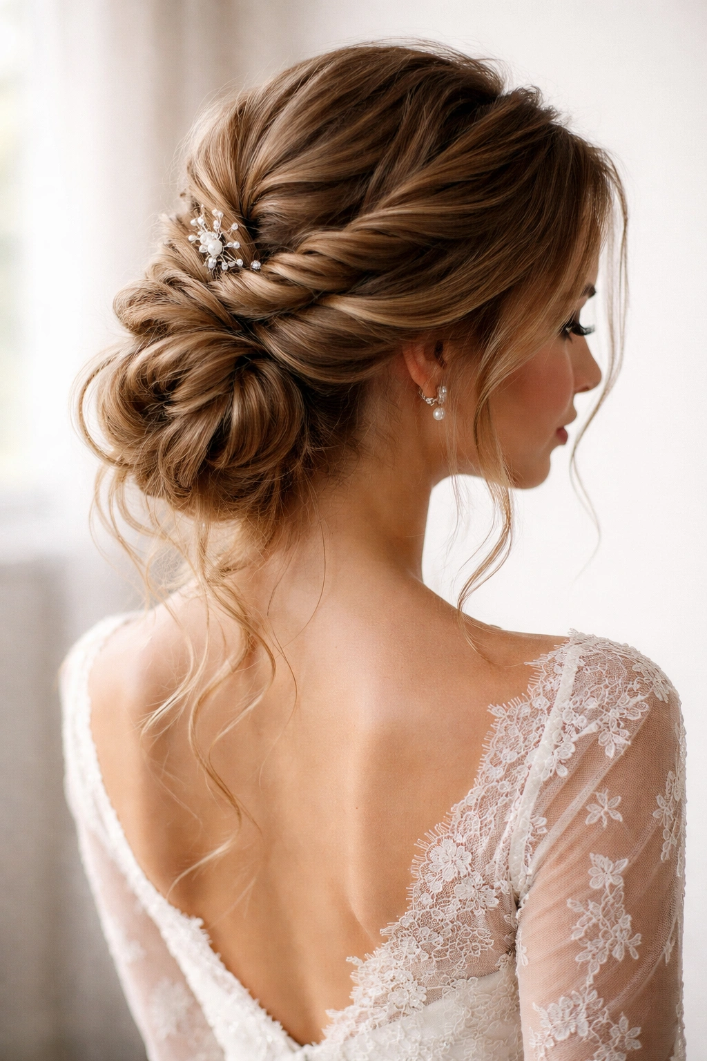 Romantic loose fishtail braid updo with low bun