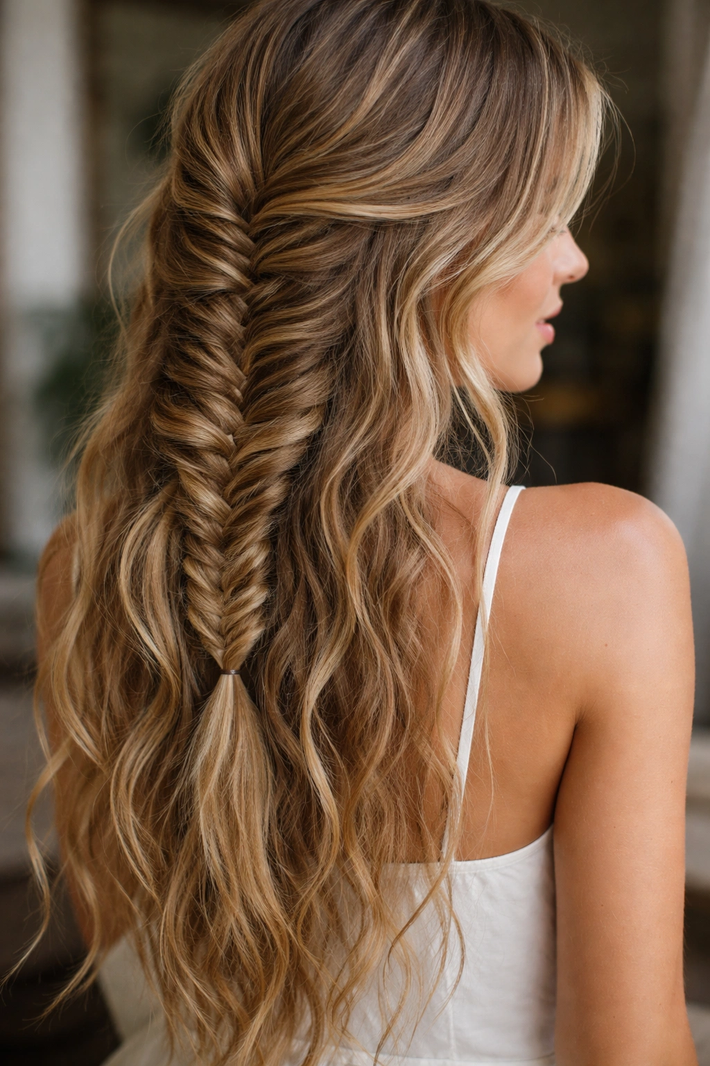 Close-up of a loose fishtail braid on wavy hair.