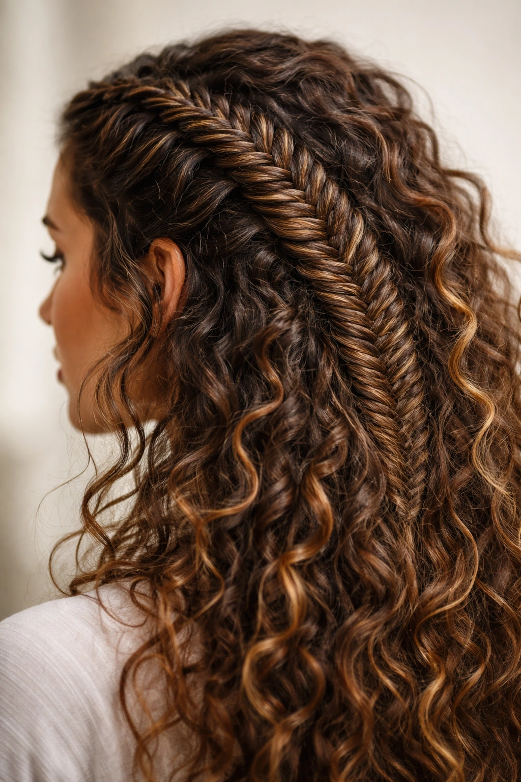 Fishtail braid on curly hair close-up, showing texture