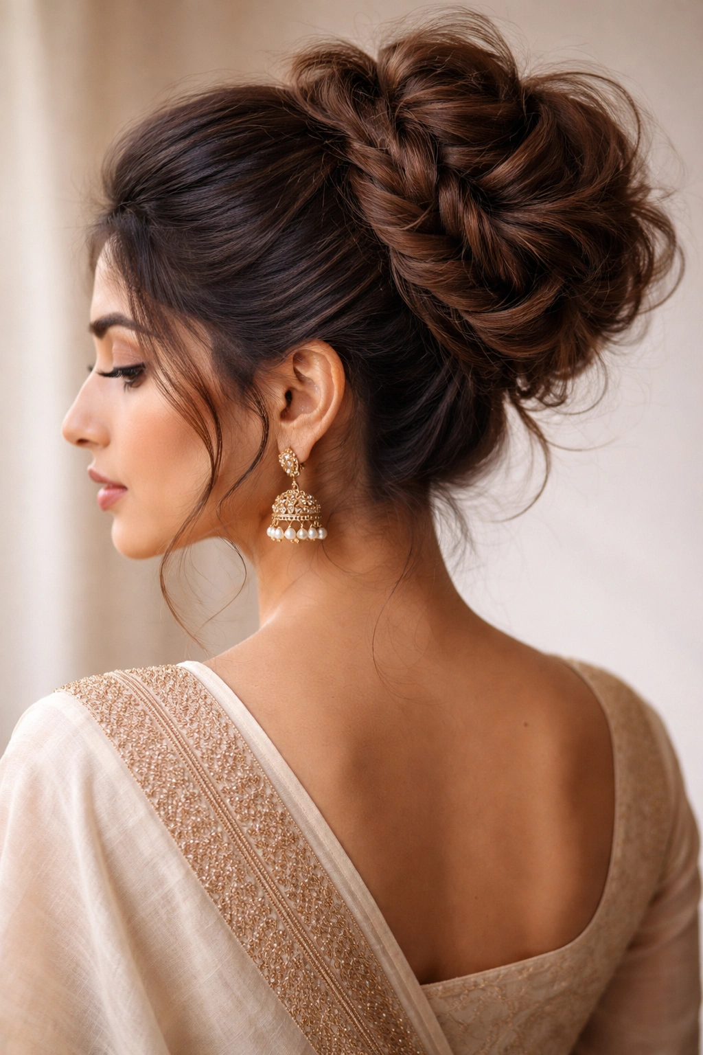 Close-up of a fishtail bun hybrid on a saree hairstyle