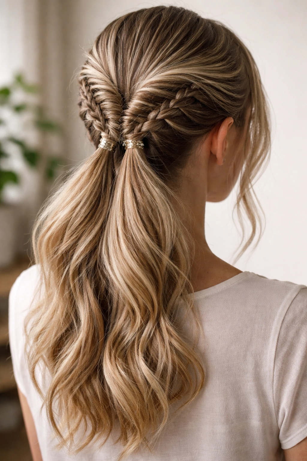 Intricate fishtail braids forming a double ponytail