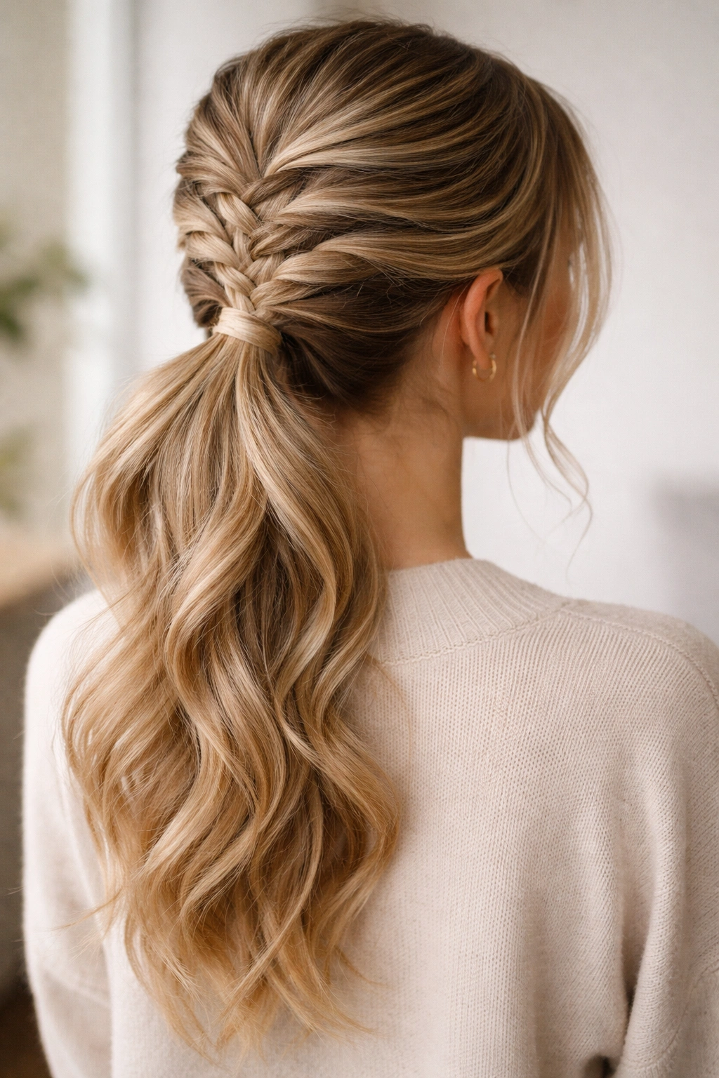 Crown fishtail braid integrated into a ponytail with four-strand weaving