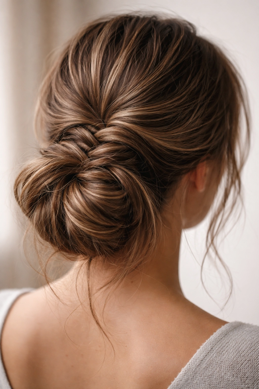 Close-up of a thick-haired messily styled fishtail low bun