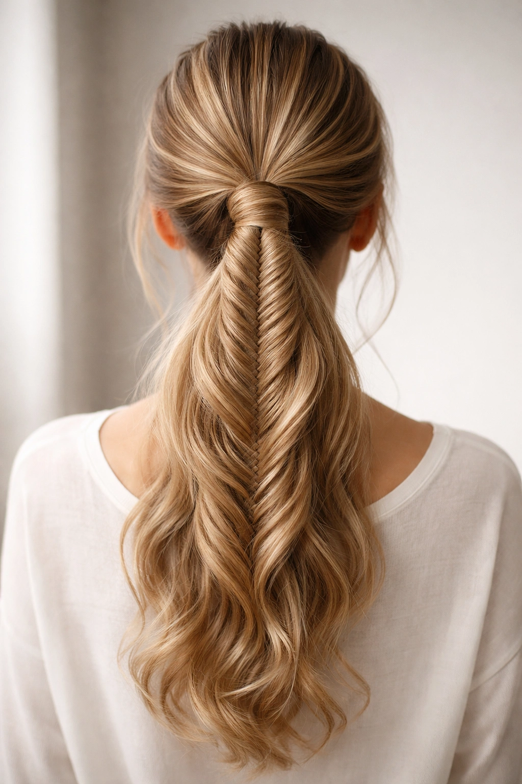 Polished fishtail ponytail viewed from behind, showcasing a refined finish
