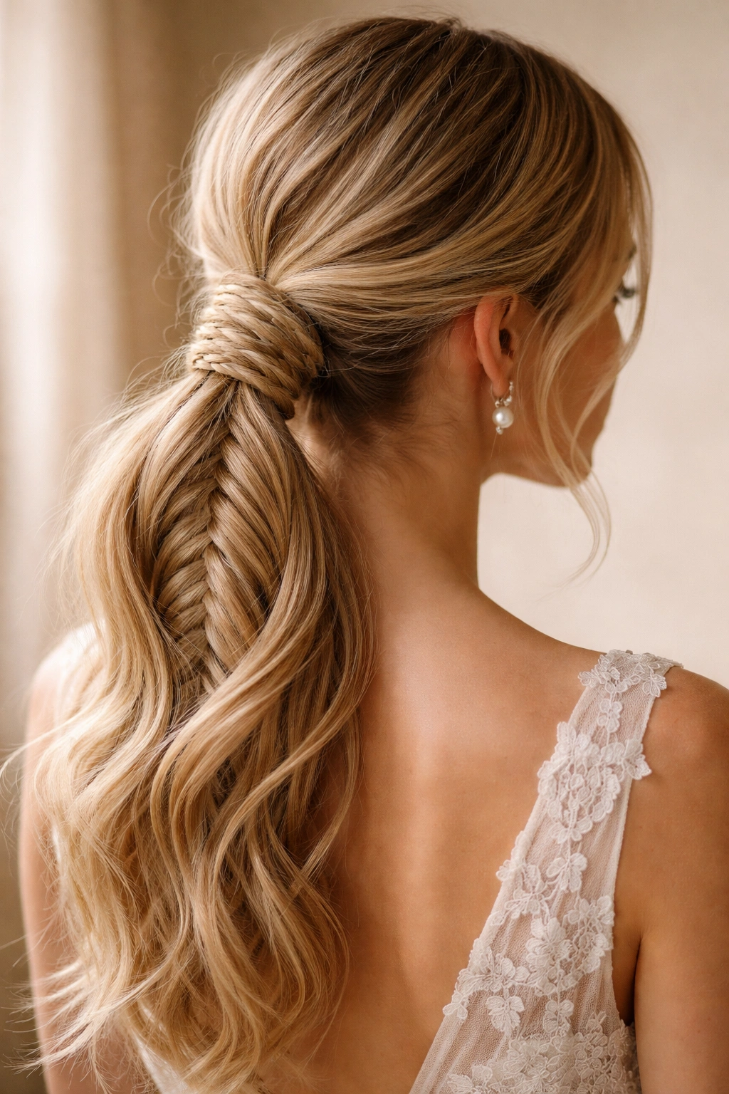 Low ponytail with a fishtail braid wrapped at the base, boho bridal hairstyle.