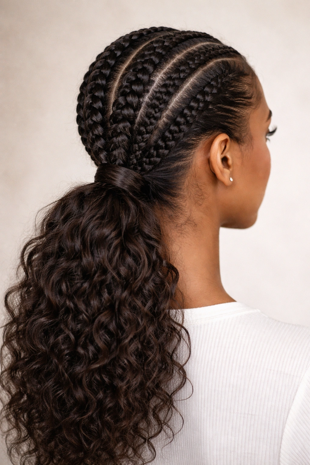 Five braids of mixed thickness forming a textured ponytail