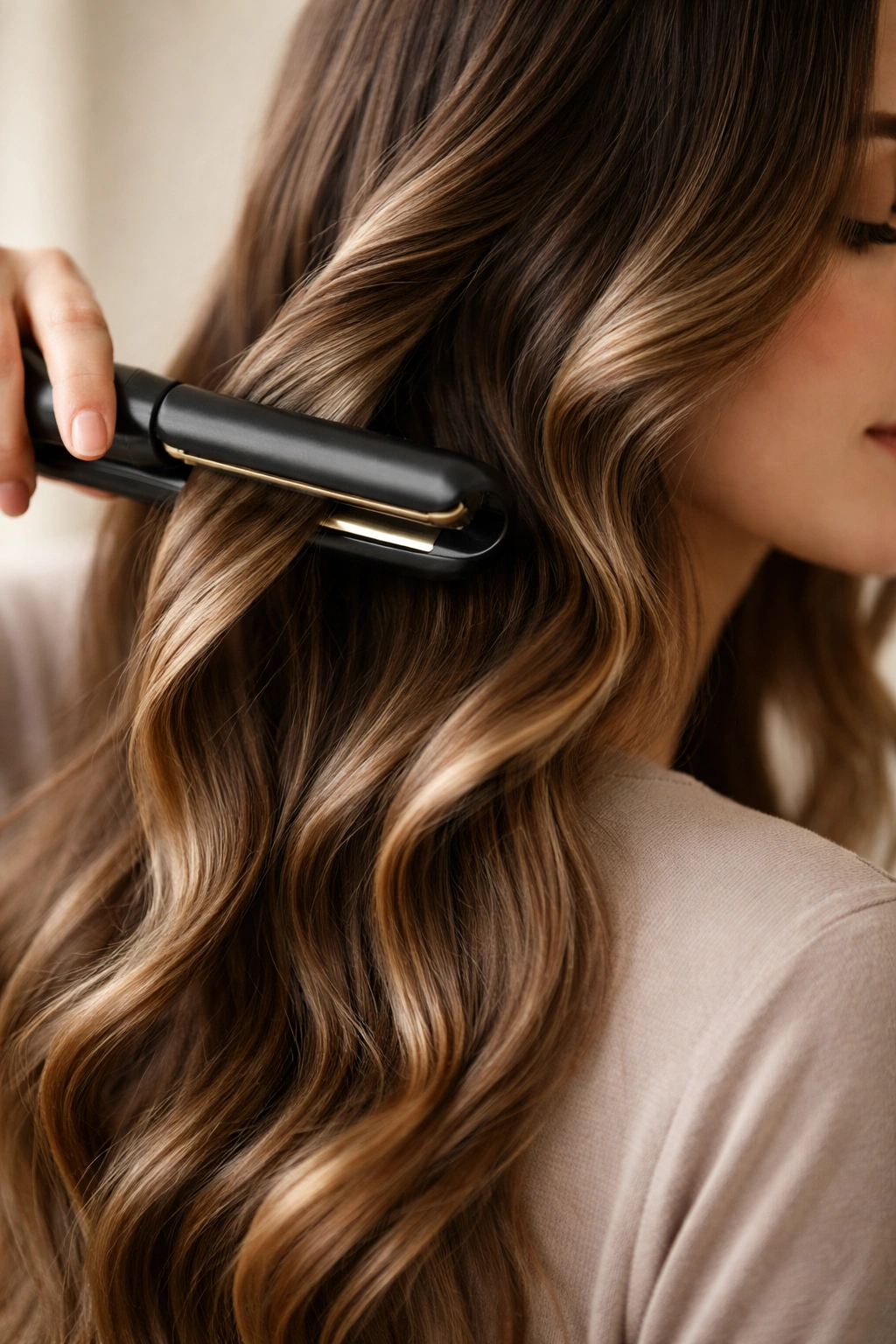 Close-up of glossy waves formed with a flat iron on dry hair