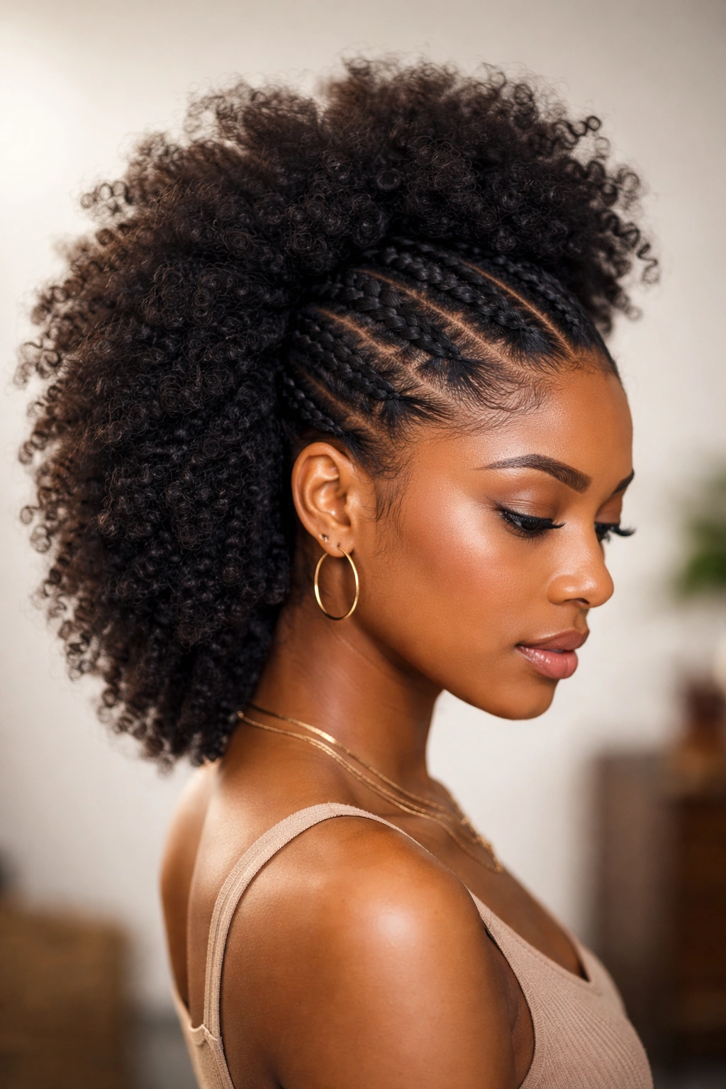 Flat twist afro hawk with center flat-twist stripe and soft top curls
