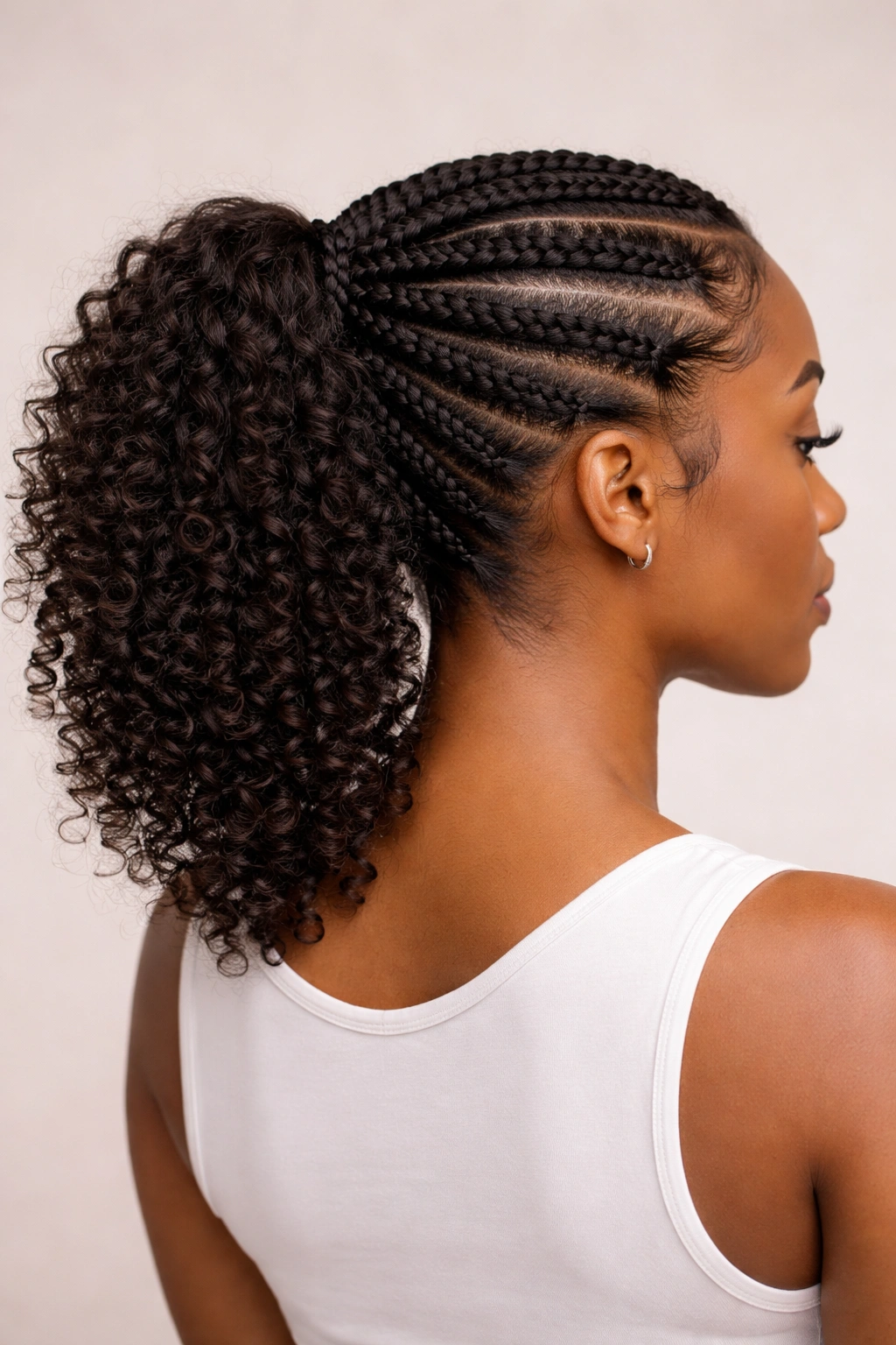 Back view of flat twist ponytail with flat twists into a ponytail