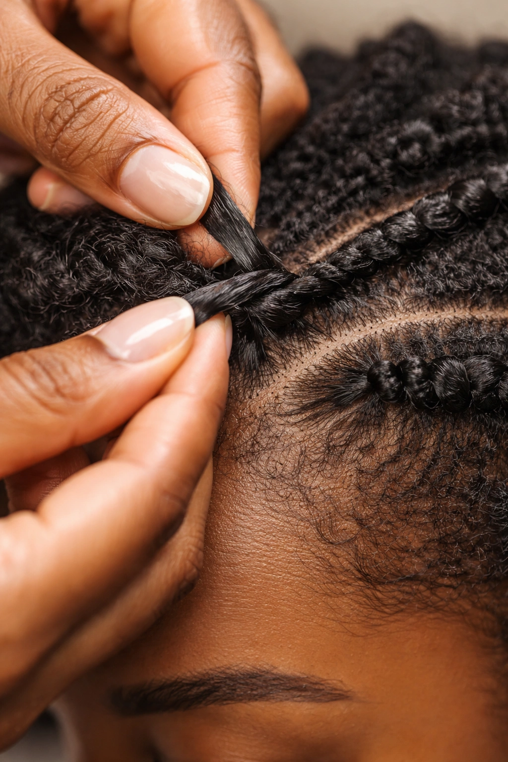 Hands twisting hair to master the flat twist technique.