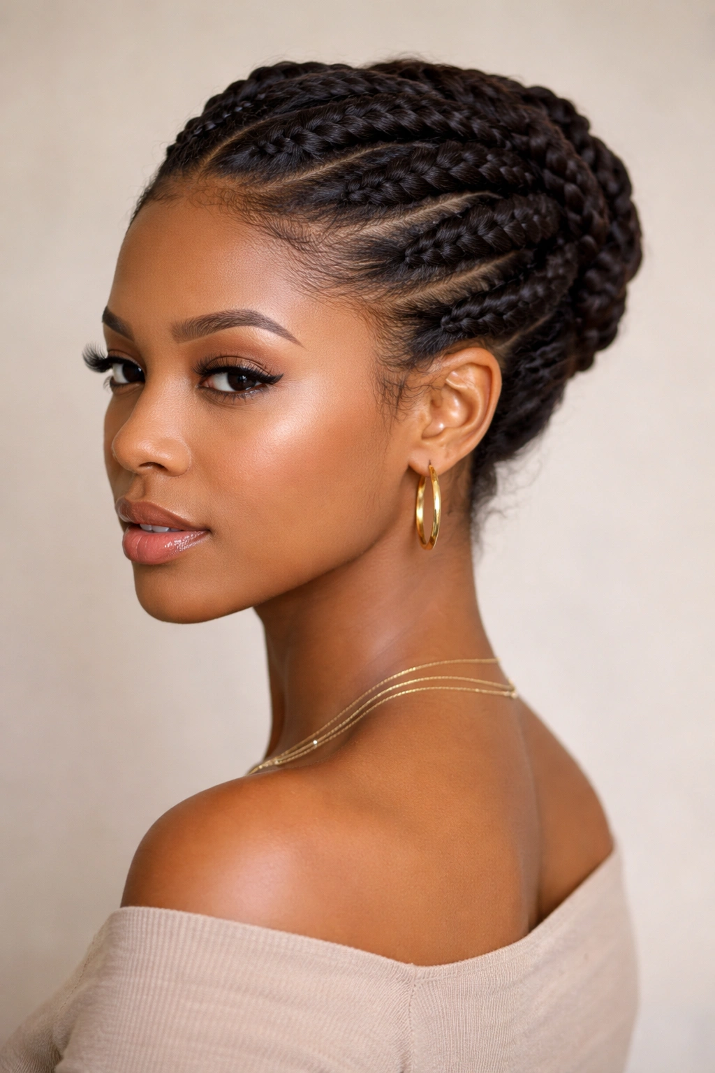 Close-up of a sleek flat twist updo with tucked ends and a smooth bun.