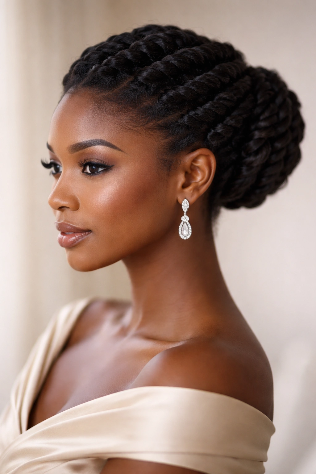 Close-up of a flat-twist updo on 4C hair for a formal occasion