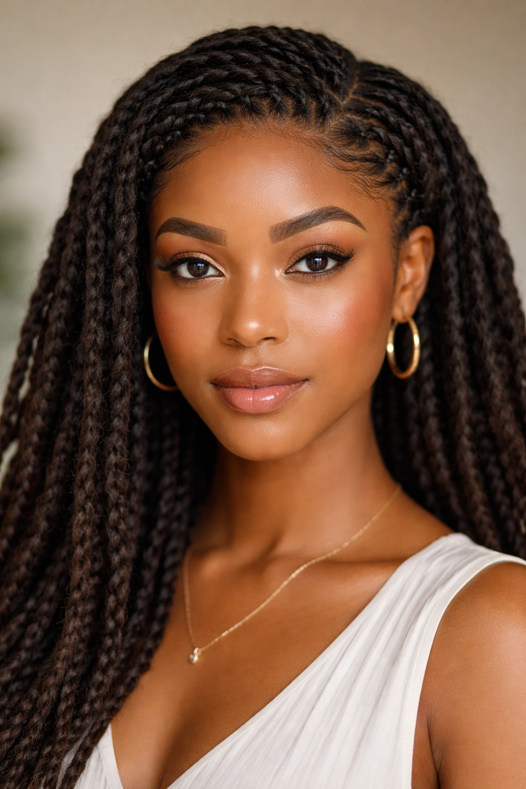 Front view of Flat-Twisted Crown Detail highlighting flat twists along the crown with loose locs framing the face.