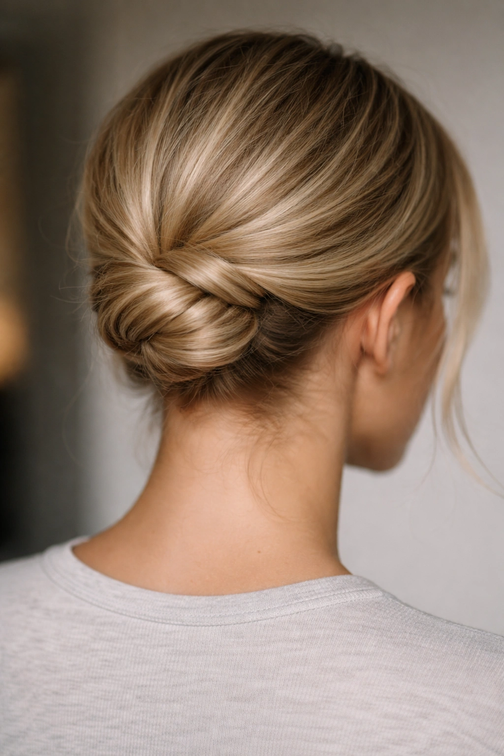 Flat knot bun formed by a two-strand twist at the nape