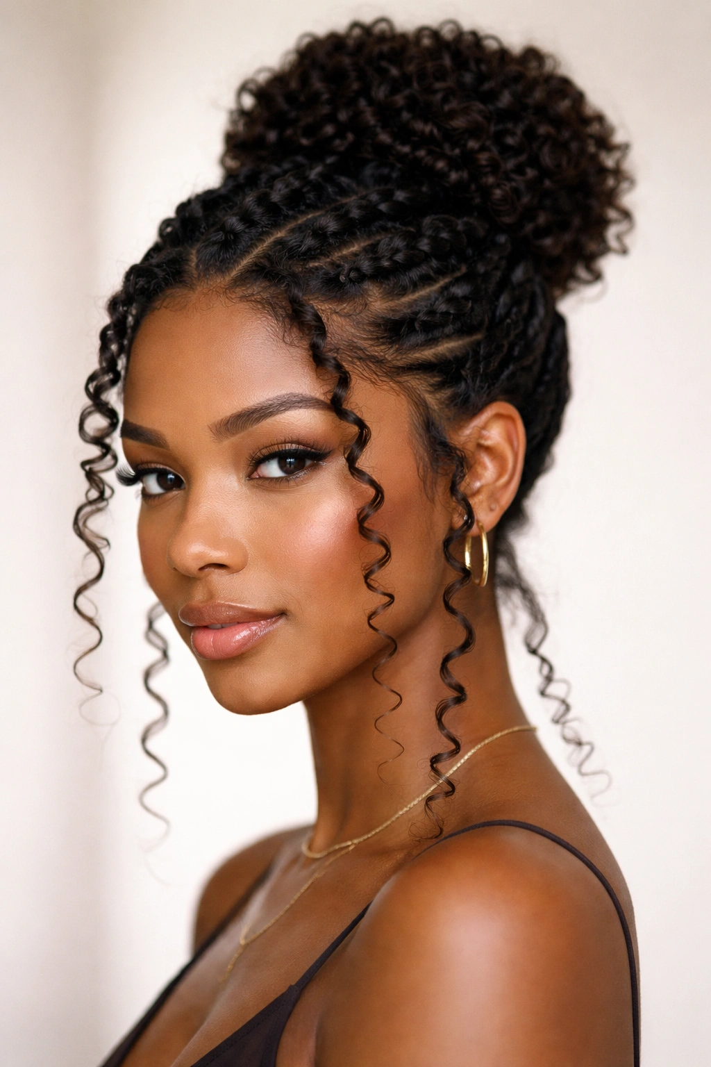 Close-up of a 3c hairstyle with flat-twisted updo and face-framing tendrils