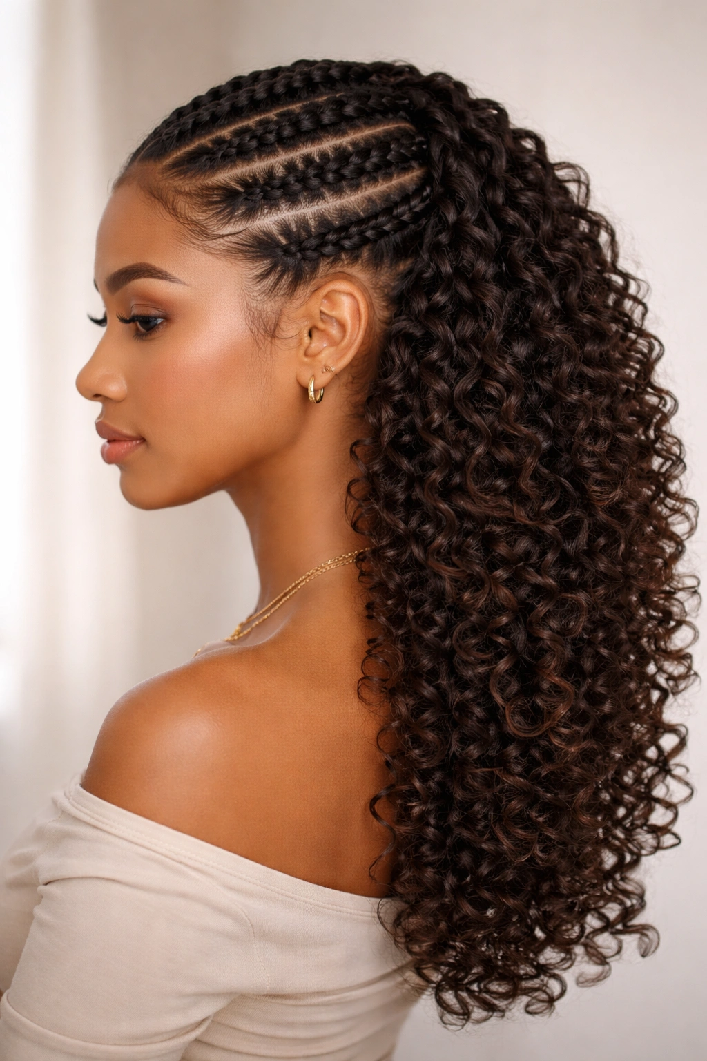 Side profile of head with flat twists and cascading curls