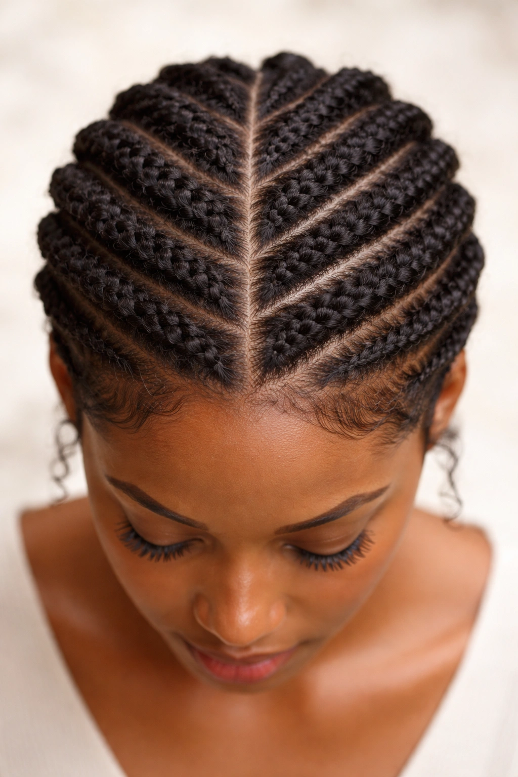 Top-down view of flat twists lying flat along the scalp in raised rows