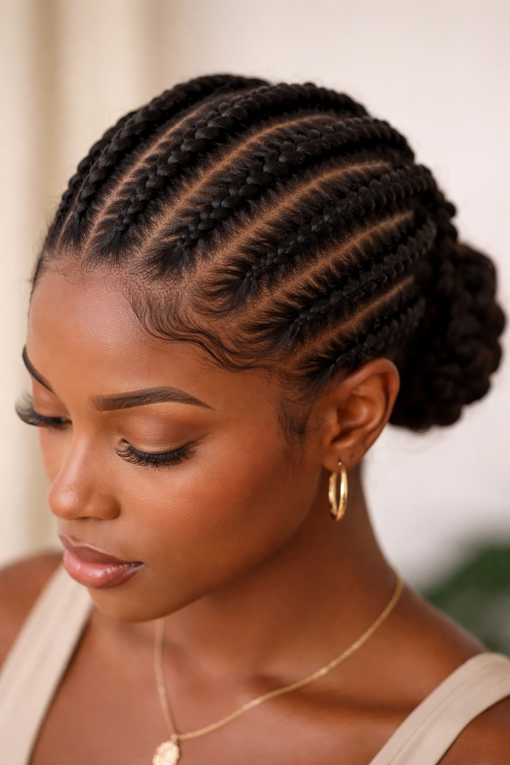 Close-up of flat twists along the scalp showing two-strand braids and crisp parting
