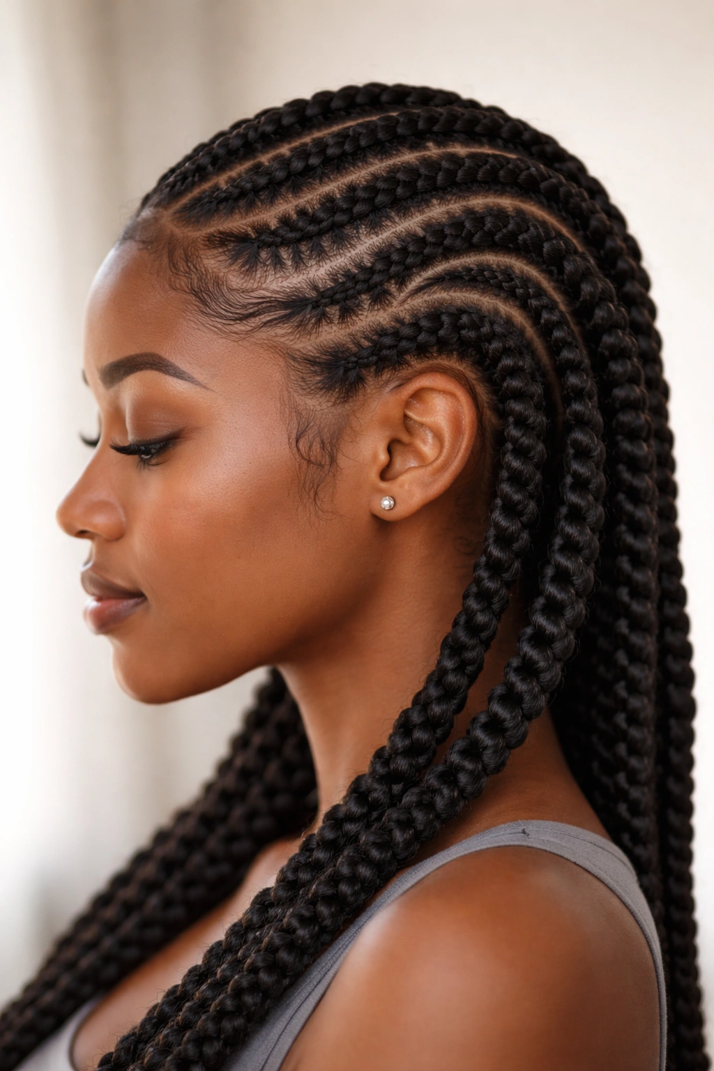 Close-up profile of flat twists starting at the hairline in a cornrow pattern on the scalp