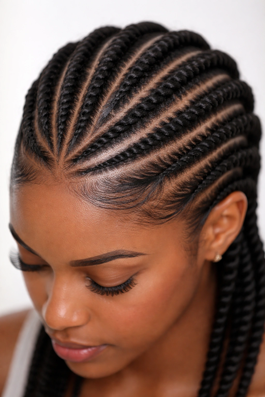 Flat twists lying flat on scalp in geometric cornrow pattern
