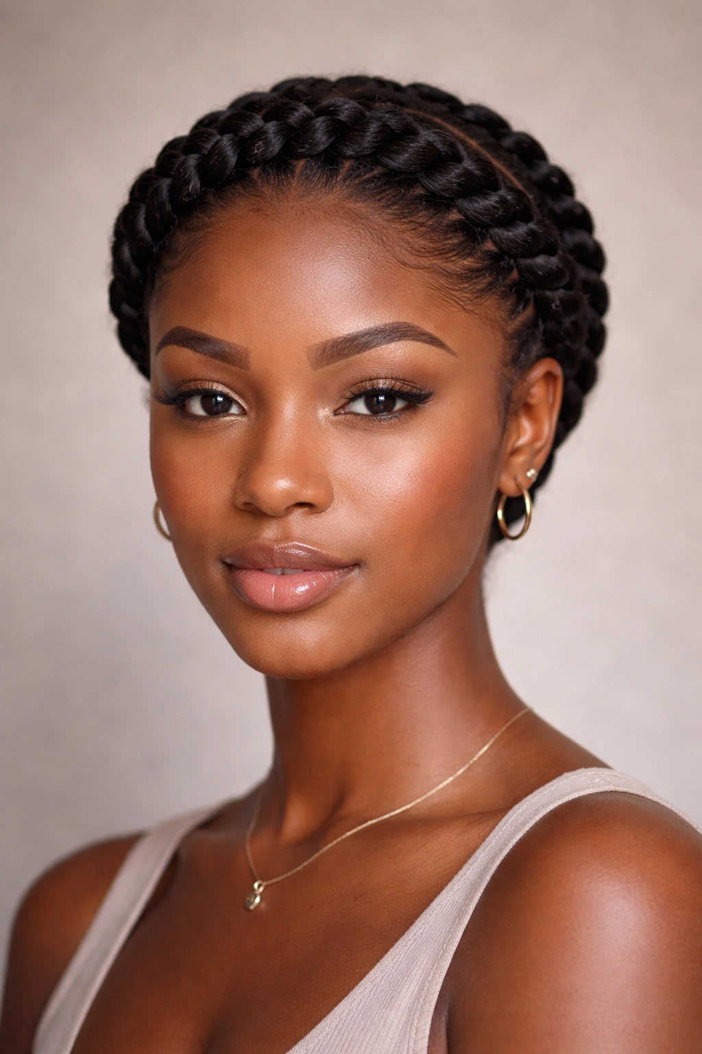Close-up of a crown of flat twists around the head
