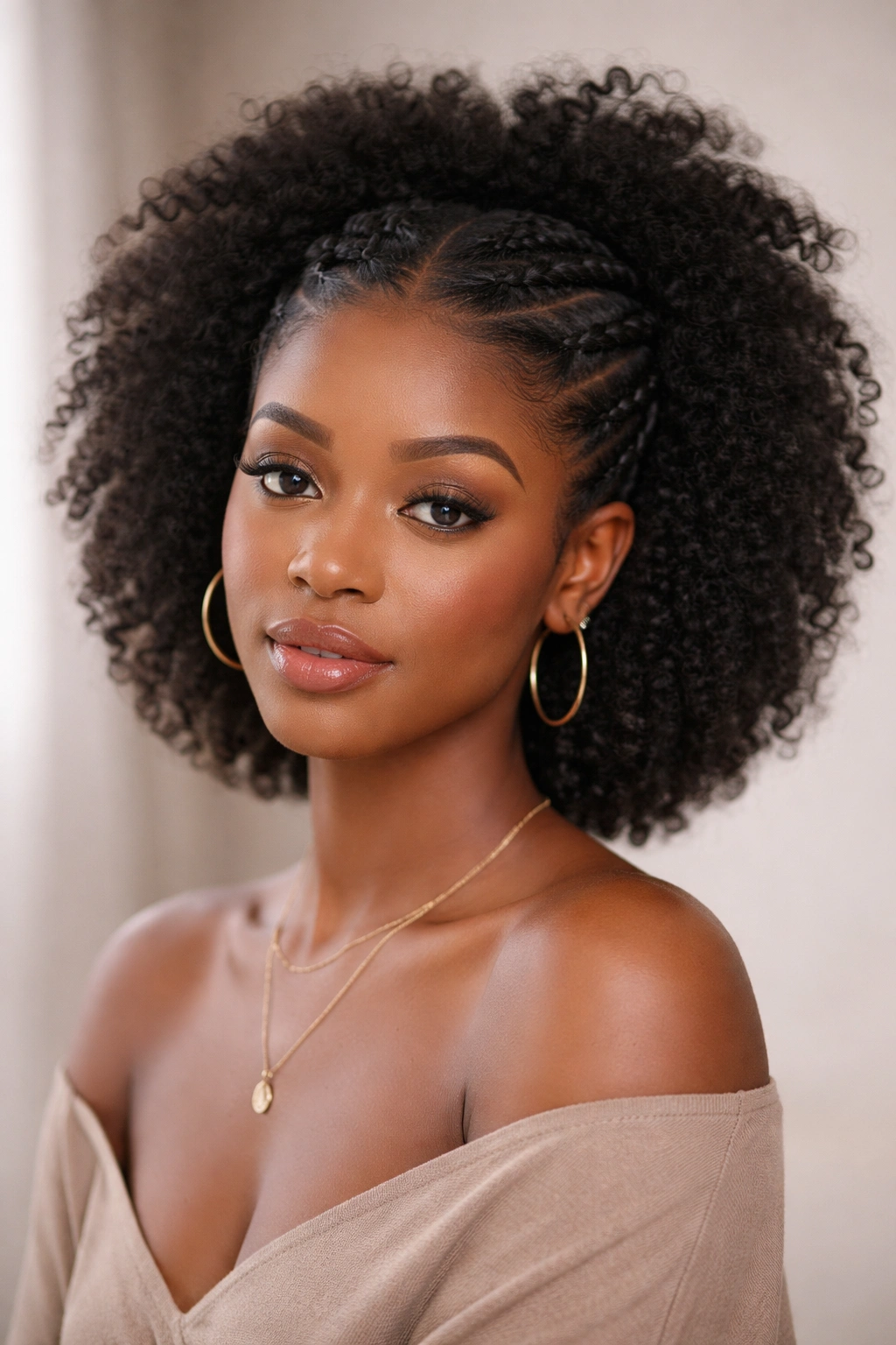 Front view of flat twists along the sides meeting at the back with a voluminous crown