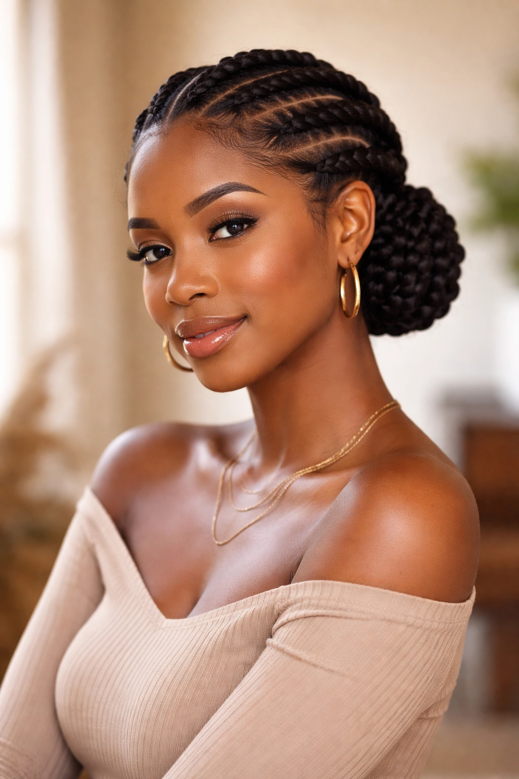 Person with a polished flat twist hairstyle smiling in a soft studio setting