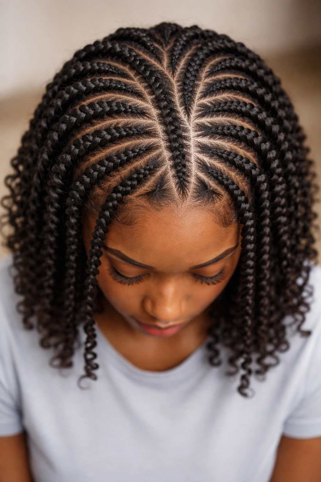 Top-down view of flat twists along the scalp