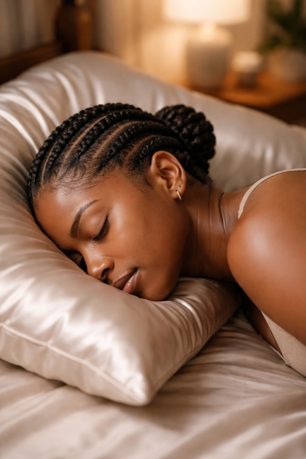 Person sleeping on a silk pillowcase with flat twists to maintain longevity