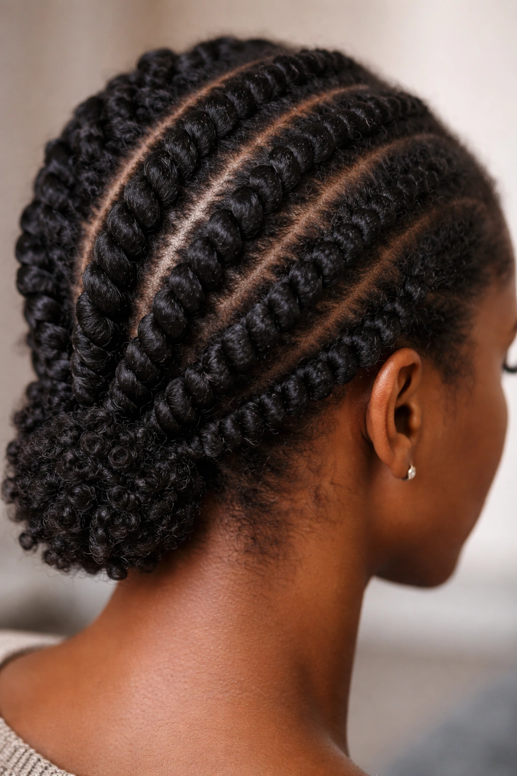 Close-up of Afro-textured hair in flat twists lying flat against the scalp