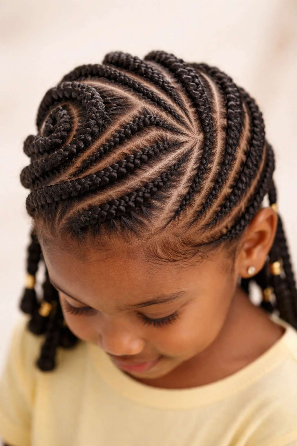 Close-up of a young girl's scalp with geometric flat twist patterns