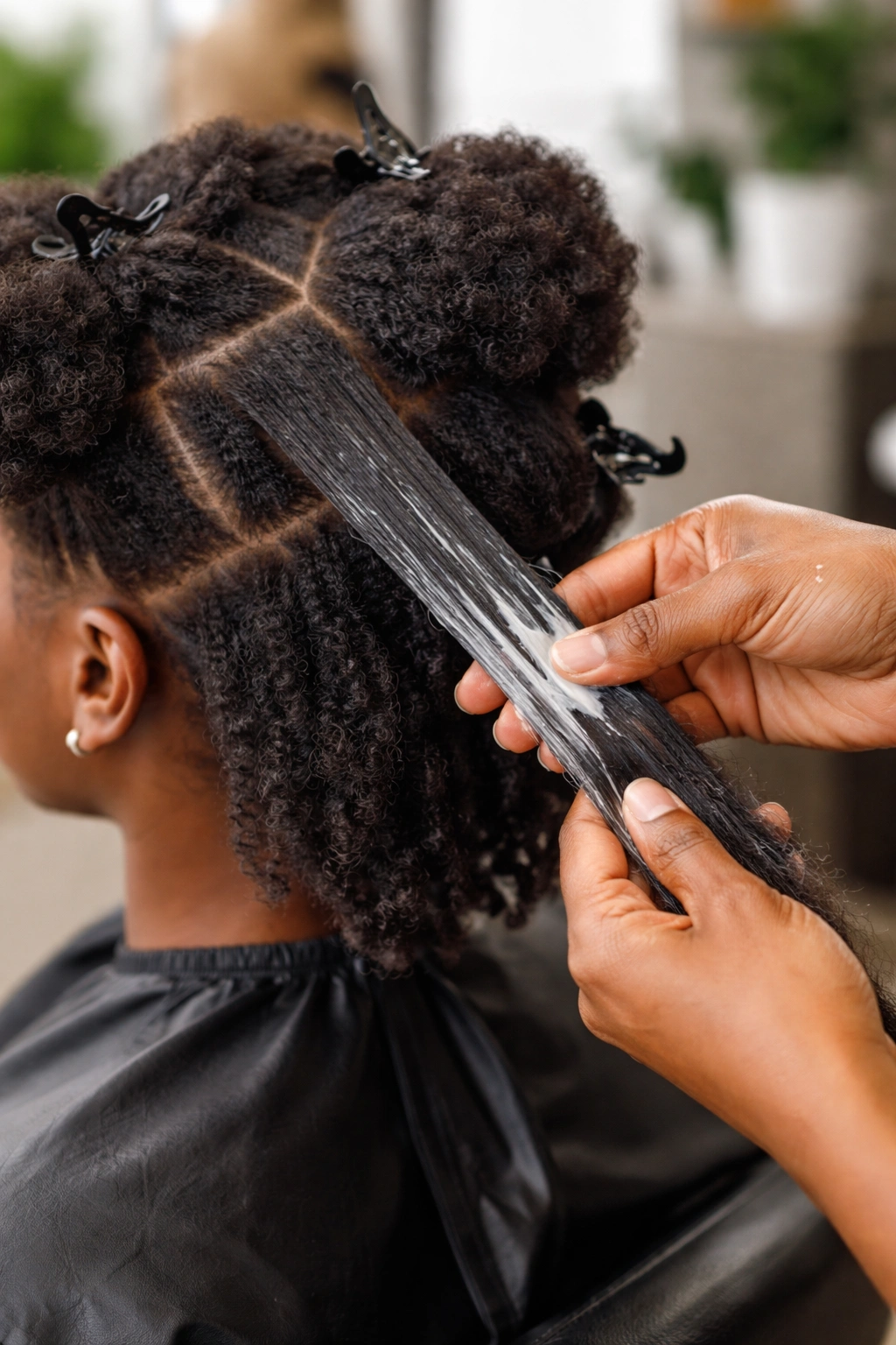 Close-up of dry natural hair sections being conditioned in preparation for flat twists