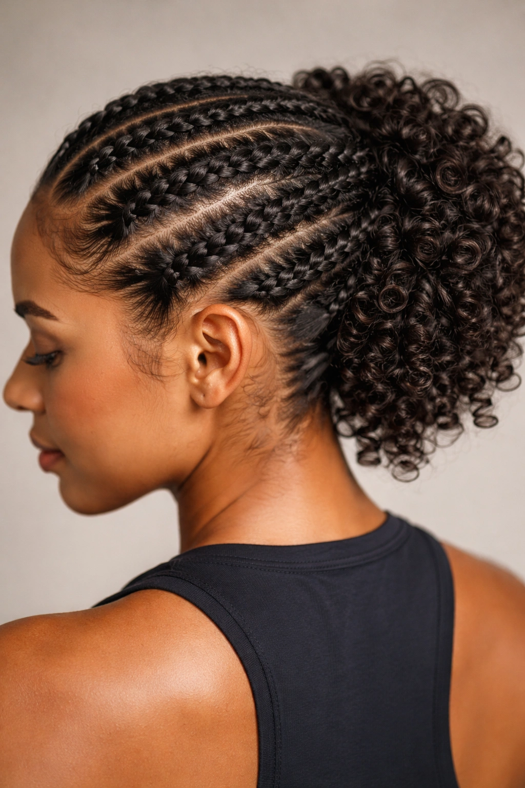Close-up of two-strand flat twists along the scalp on curly hair.