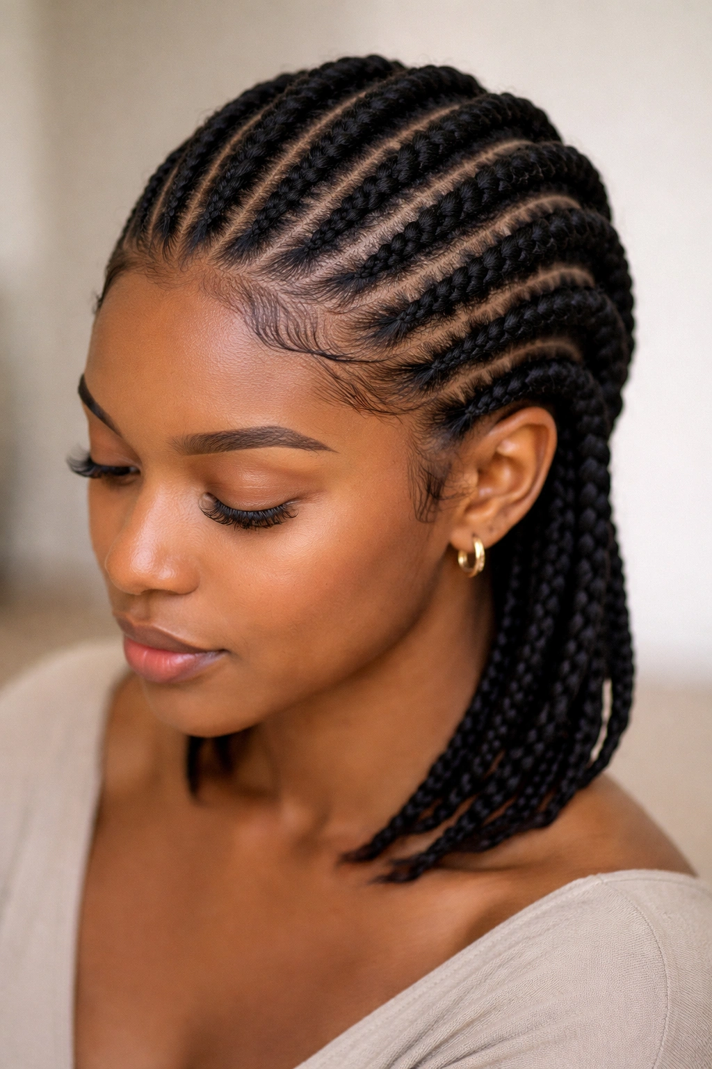 Front view of flat twists lying flat against the scalp in neat lines